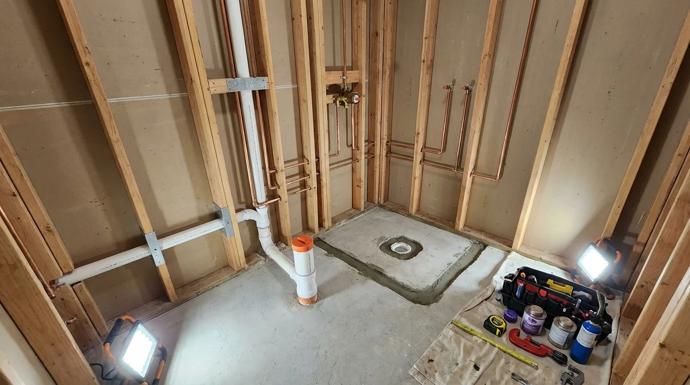 Bathroom rough-in plumbing during remodel by Johns Plumbing LLC in Mancelona