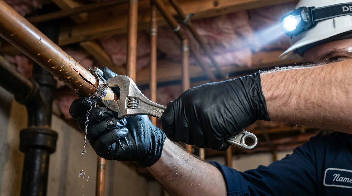 Emergency pipe clamp repair being performed by a Johns Plumbing LLC plumber in Mancelona