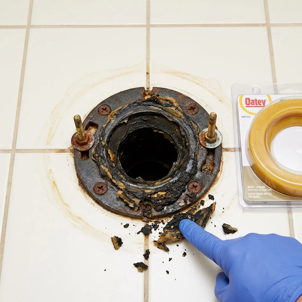 Failed wax ring showing water seepage at the base of a toilet in a Mancelona, MI home