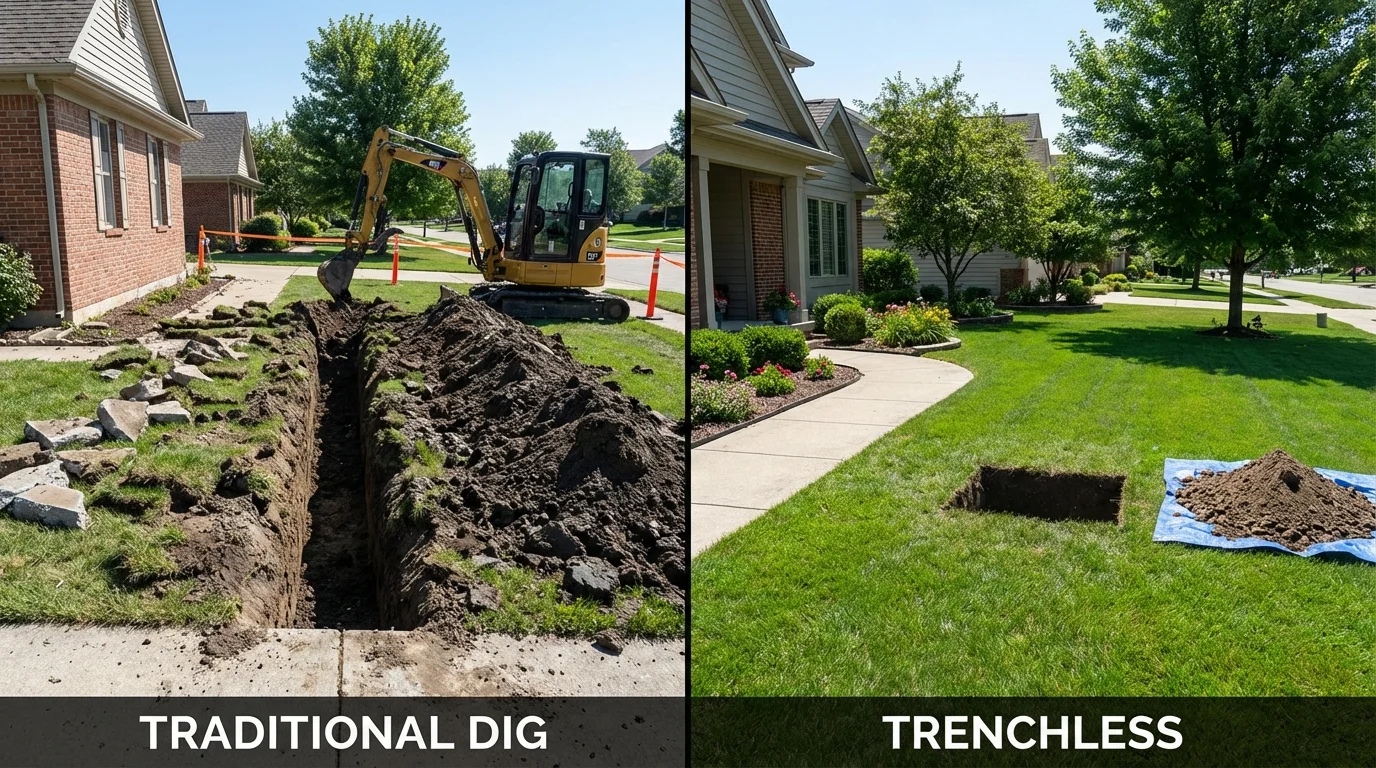 Trenchless sewer repair with minimal yard damage versus traditional excavation in Mancelona, MI