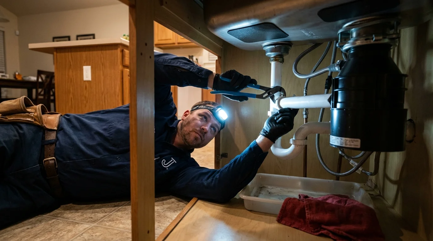 P-trap and supply line connections under a kitchen sink showing a common leak point in Mancelona, MI